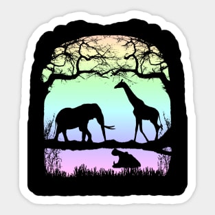 Night picture with Elephant, Giraffe and Hippo in Africa Sticker